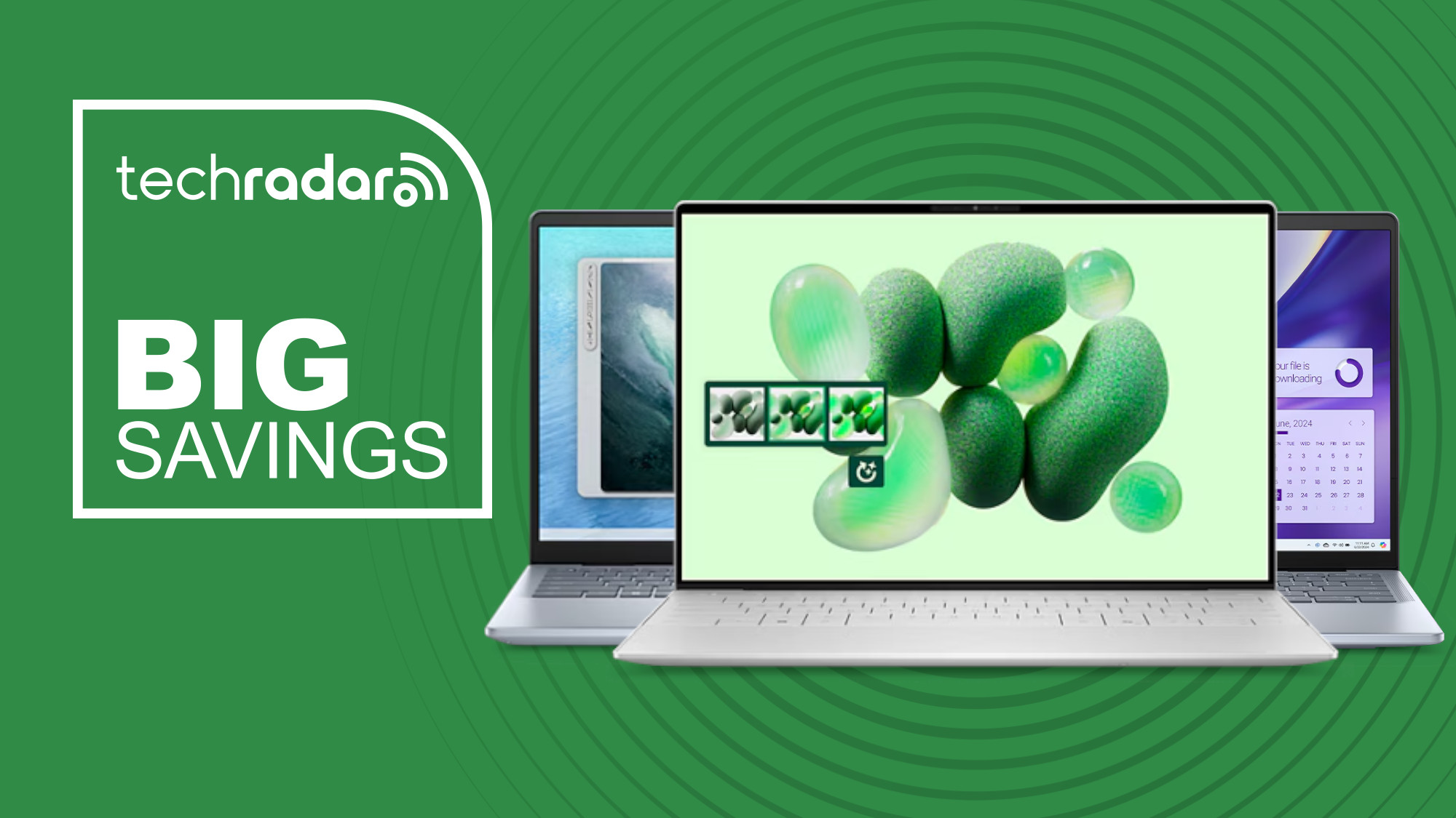 Dell XPS 13, Inspiron 14, and 14 Plus on green background with big savings text overlay