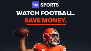 Fubo Sports launch image, featuring the "Watch Football Save Money" slogan and an NFL player