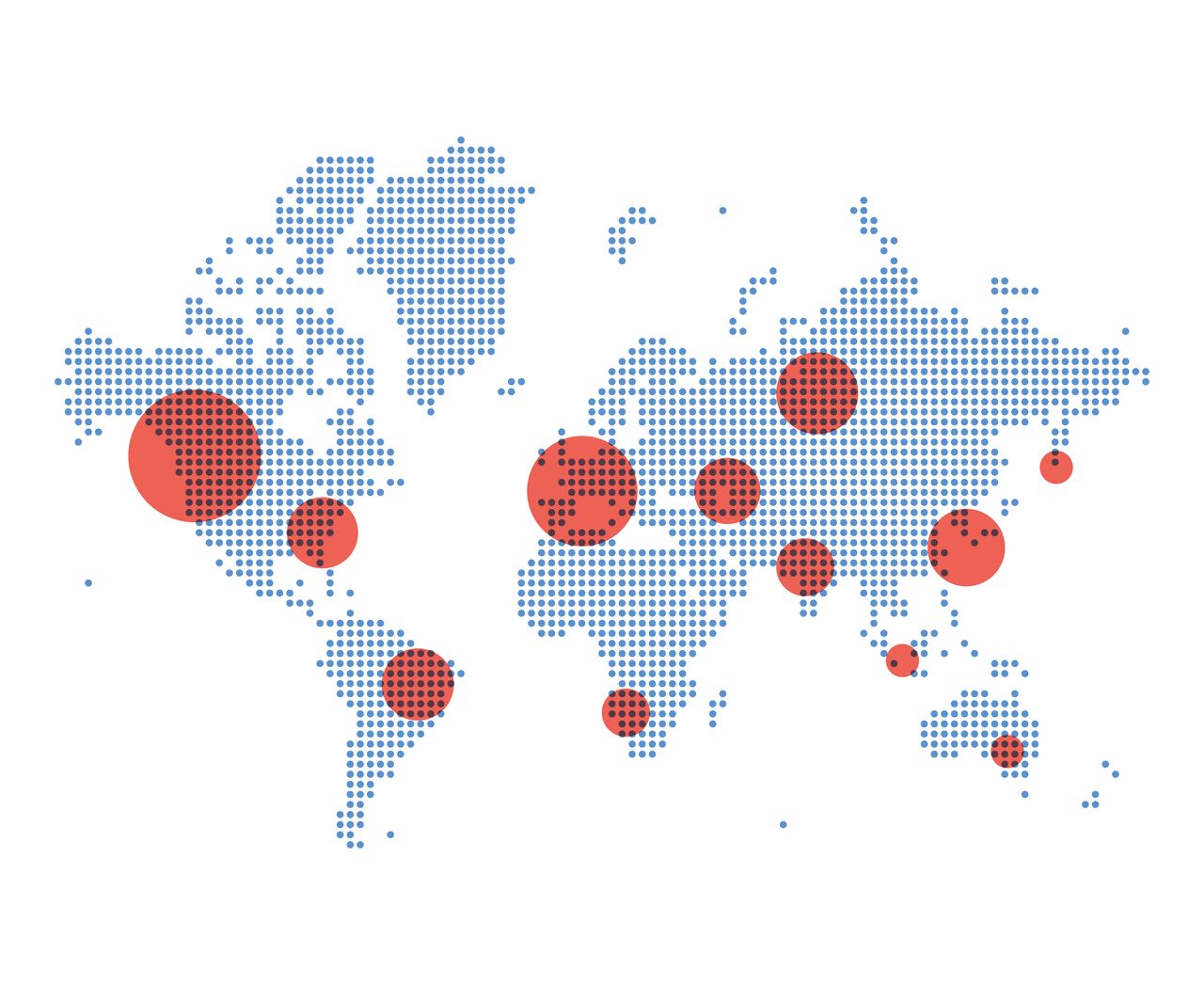 A pixelated world map with highlighted areas