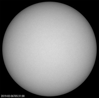 As a result of the sun's cycle approaching a lull known as the solar minimum, the surface of the star spent the entire month of February 2019 unblemished by sunspots, according to NASA. The agency's Solar Dynamics Observatory took this picture in white-filtered visible light on Feb. 6, 2019.
