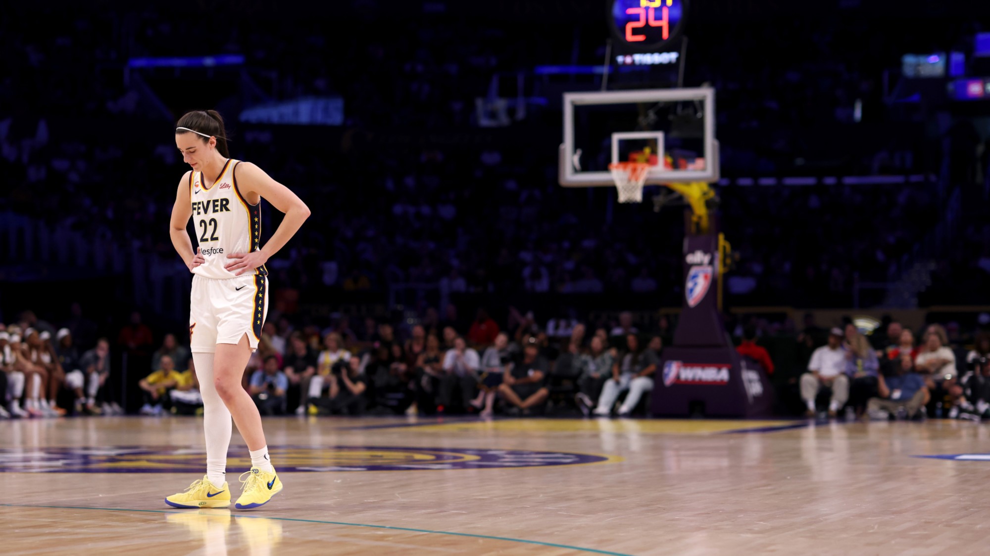 Caitlin Clark #22 of the Indiana Fever looks on during the second quarter against the Los Angeles Sparks at Crypto.com Arena on July 08, 2026 in Los Angeles, California. 