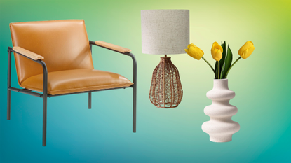 chair, lamp, and vase