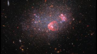 A collection of stars and galaxies fill the scene against a dark background. The image is dominated by a dense collection of stars which make up the irregular galaxy UGC 8091. The stars span a variety of colors, including blue and orange, with patches of blue occupying the central part of the galaxy. There are also visible circular regions of red/pink gas within the galaxy.