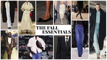 Future graphic of fall essentials like trench coats, maxi coats, white button downs and ballet flats