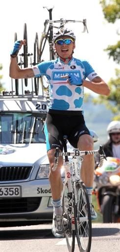 Milram's Christian Knees winning his national championship.