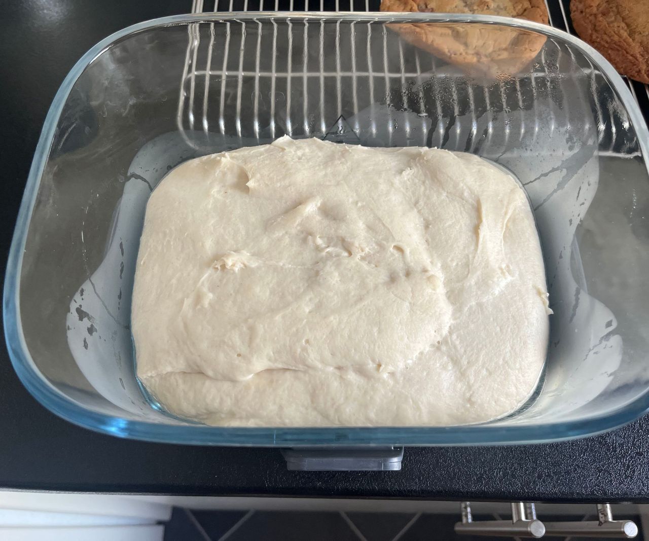 A risen batch of raw bread dough in an oiled glass air fryer basket
