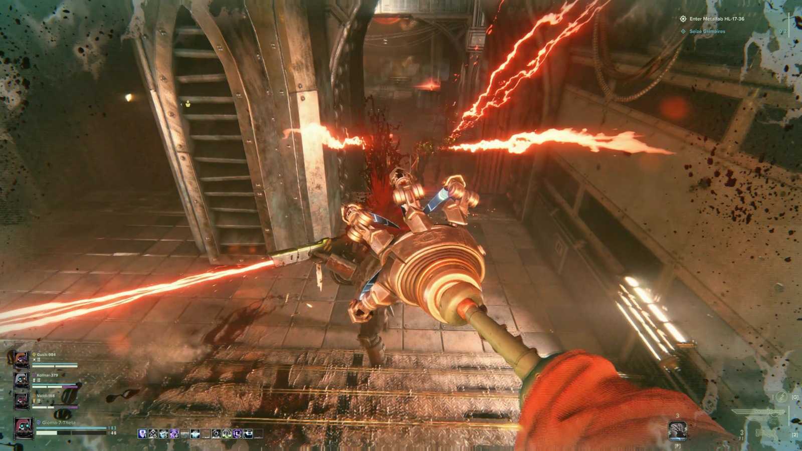 First-person perspective video game scene, showing a player character using a robot claw to kill enemies shooting red energy beams in a dimly lit, industrial space.