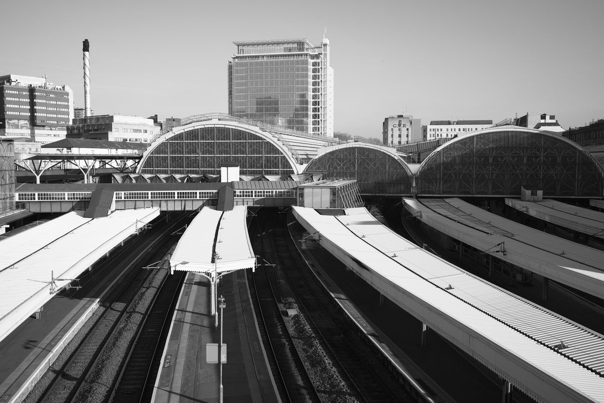 Monochrome photo of a London train station from high vantage point, taken with the Sigma BF camera and Sigma 35mm F2 DG lens