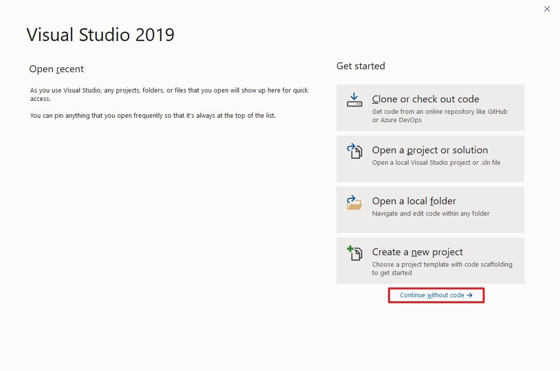 Visual Studio 2022 get started options
