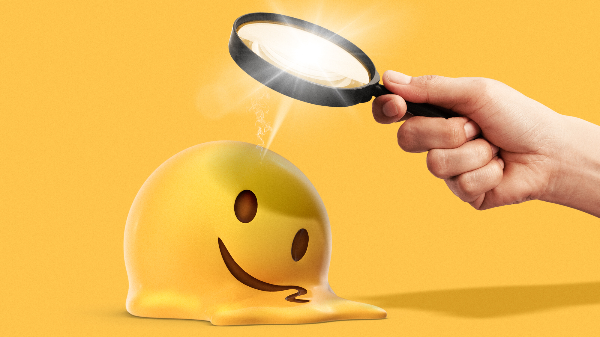 Illustration of a hand with a magnifying glass melting an emoji