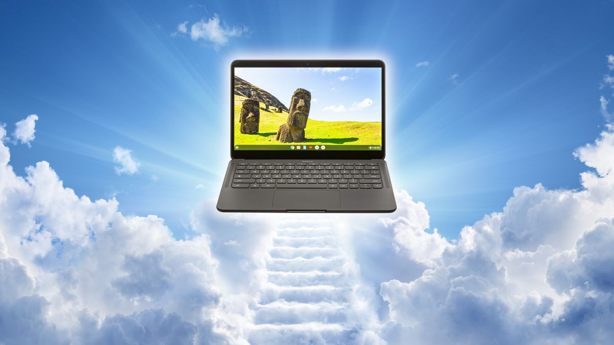 The Google Pixelbook Go Chromebook pictured in the clouds surrounded by light at the top of a stairway to heaven.