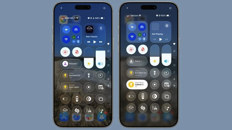 Control Center in iOS 26 beta 1 on the left and beta 2 on the right