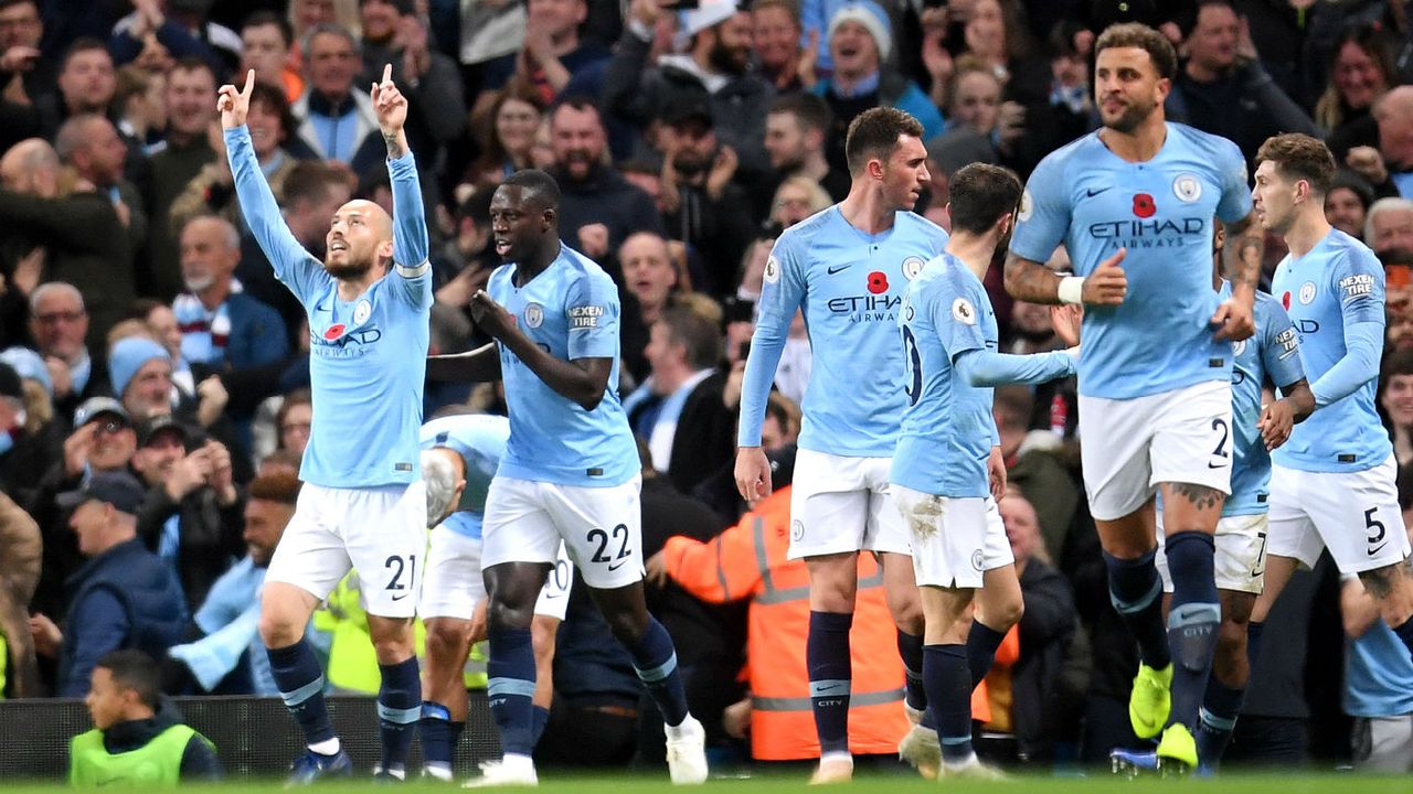 David Silva celebrates scoring Man City’s opening goal against Man Utd