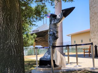 a plastic-wrapped black statue stands beneath a tree in a courtyard