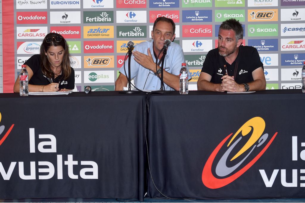 Jury president Bruno Valcic explaining the decision to disqualify Vincenzo Nibali from the race