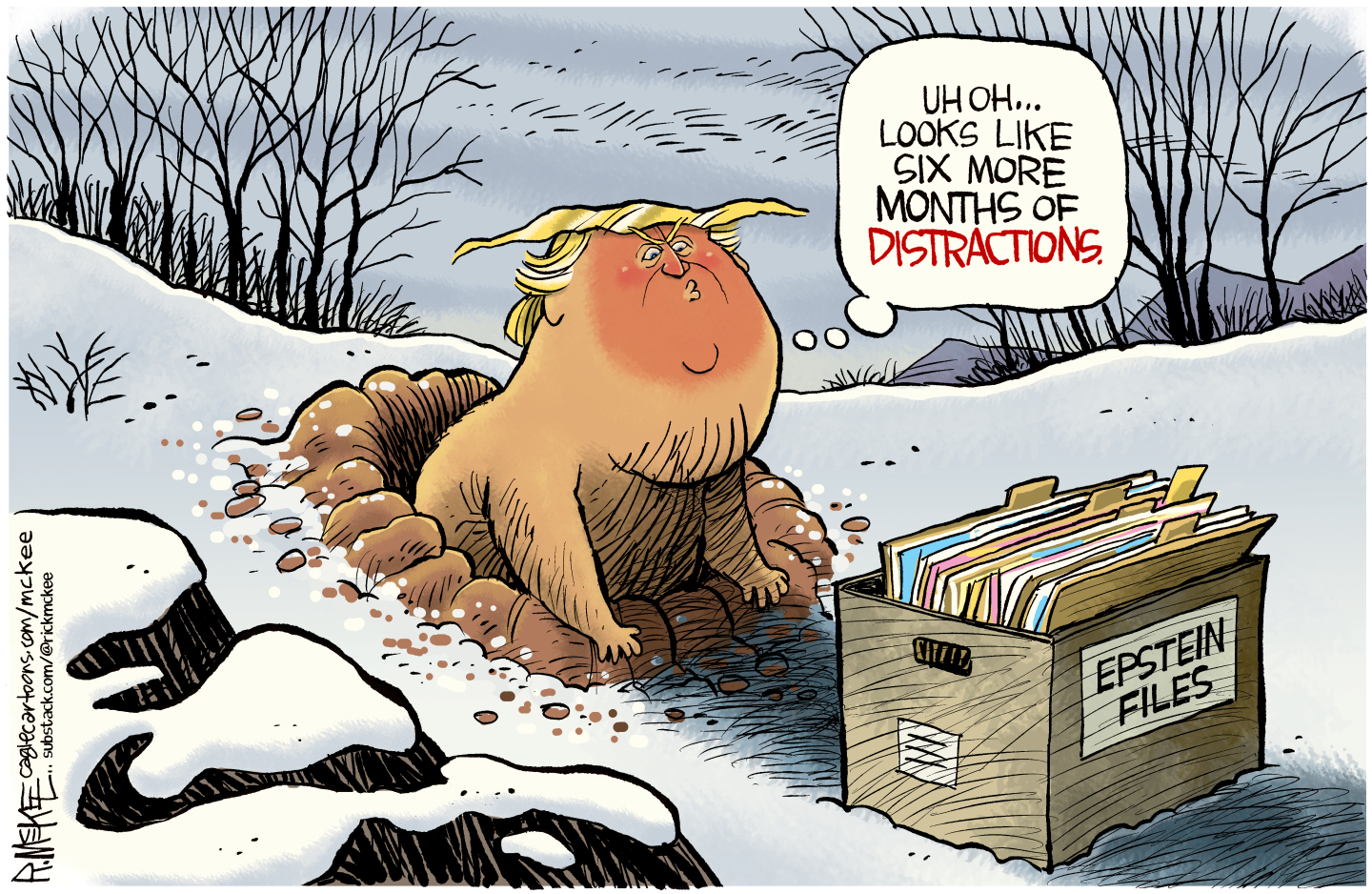 Donald Trump pokes his head out of a dirt hole like a groundhog in this cartoon. He looks at a stack of Epstein Files and says, &amp;ldquo;Uh oh&amp;hellip;Looks like six more months of distractions.&amp;rdquo;