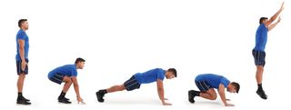 Man demonstrating the various stages of a burpee