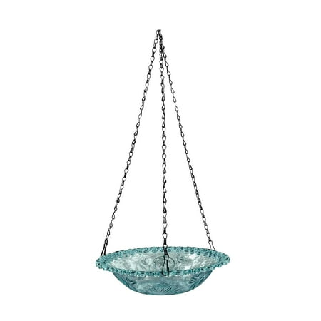 Decorative Glass Hanging Bird Bath With Sturdy Metal Chains, Outdoor Garden Feeder, Weather-Resistant Design