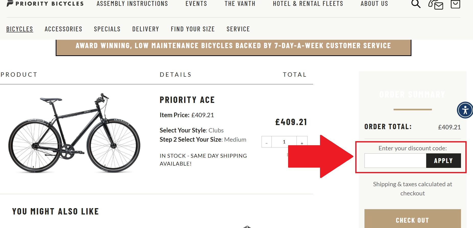 A screenshot of the priority bicycles checkout page showing where to enter a priority bicycles promo code