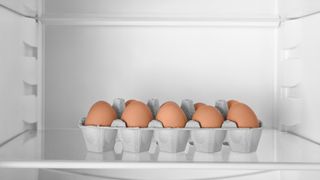 Eggs sitting in a carton on a fridge shelf
