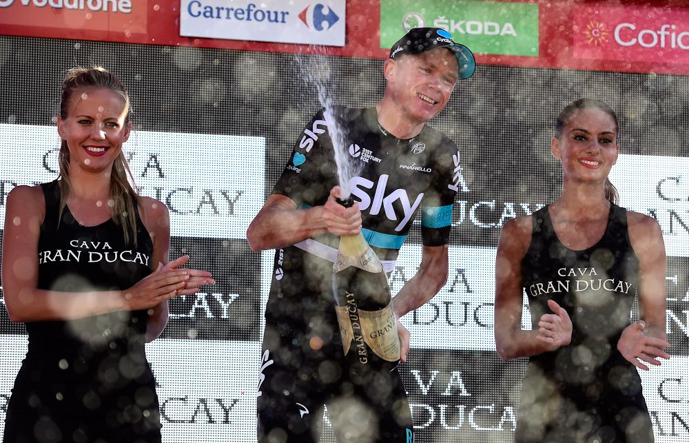 Chris Froome celebrates winning stage 19 at the Vuelta