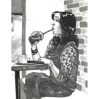 Pen drawing of a woman sipping a drink in a cafe, wearing a patterned top and nose stud