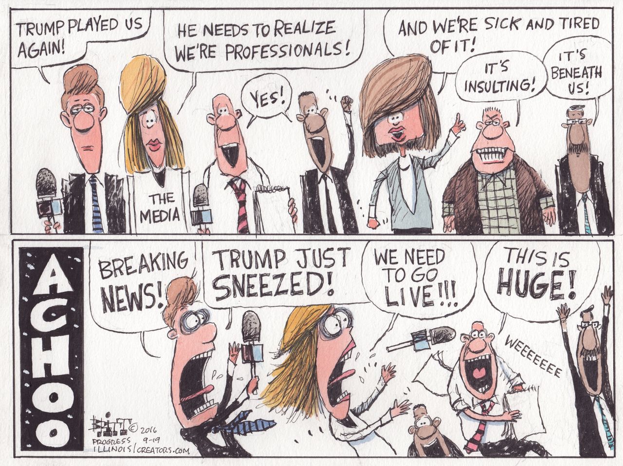 Political cartoon U.S. 2016 election Donald Trump the media treatment and reaction