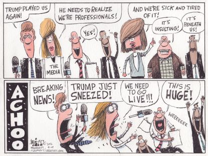 Political cartoon U.S. 2016 election Donald Trump the media treatment and reaction