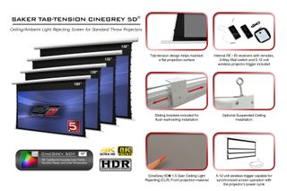EliteProAV’s Saker Tab-Tension Cinegrey 5D is a 1.5 gain ambient and ceiling light rejecting projector screen in an electric roll-up design that has the ability to roll-up into its casing through repeated use without damaging the material.   