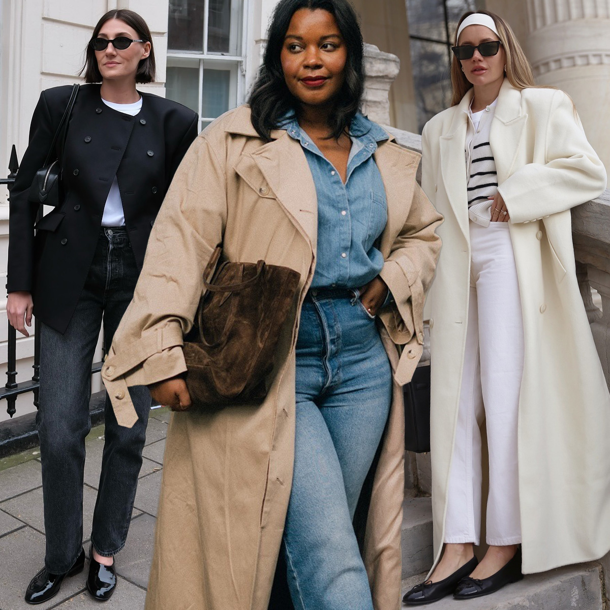 How to wear skinny jeans is shown in a collage of women's skinny jean outfits. Specifically, on the left, a woman stands outside wearing a black blazer over a white t-shirt with black skinny jeans and black ballet flats. In the middle, a woman wears a tan trench coat over a denim button-down shirt with matching skinny jeans and a brown suede bag and boots. On the right, a woman stands on a staircase wearing a long white coat over a white stripped cardigan with white skinny jeans and black ballet flats 
