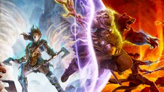 A cropped image of the Diablo 4 season 10 Season of Infernal Chaos key art. A barbarian woman holds two axes as she lets out a war cry and a druid in bear form leaps through a magical barrier with a sorceress in the firey background.