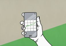 An illustration of a hand holding a phone with a graph on the screen with a green and brown background