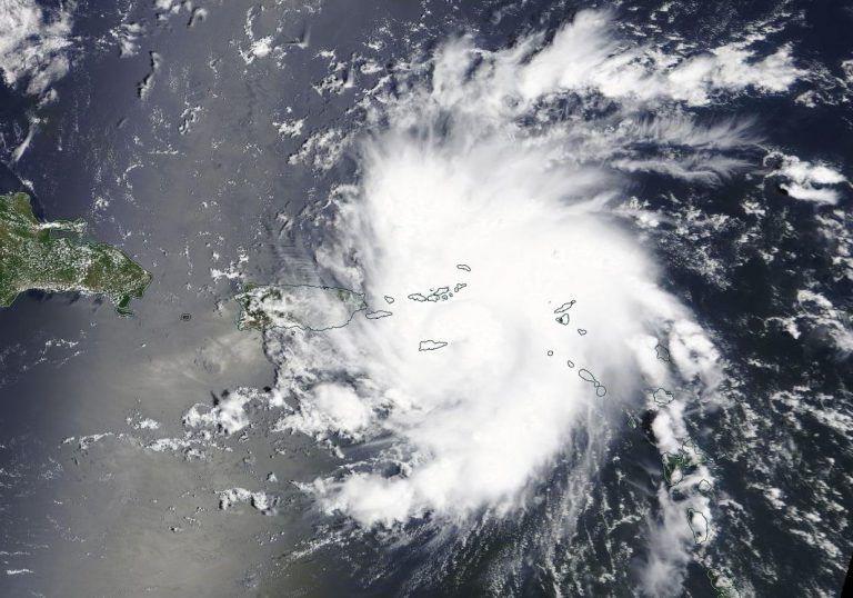 NASA&#039;s Terra satellite captured this image of the storm Dorian as it turned into a hurricane near St. Thomas on Aug. 28 at 1:30 pm ET.