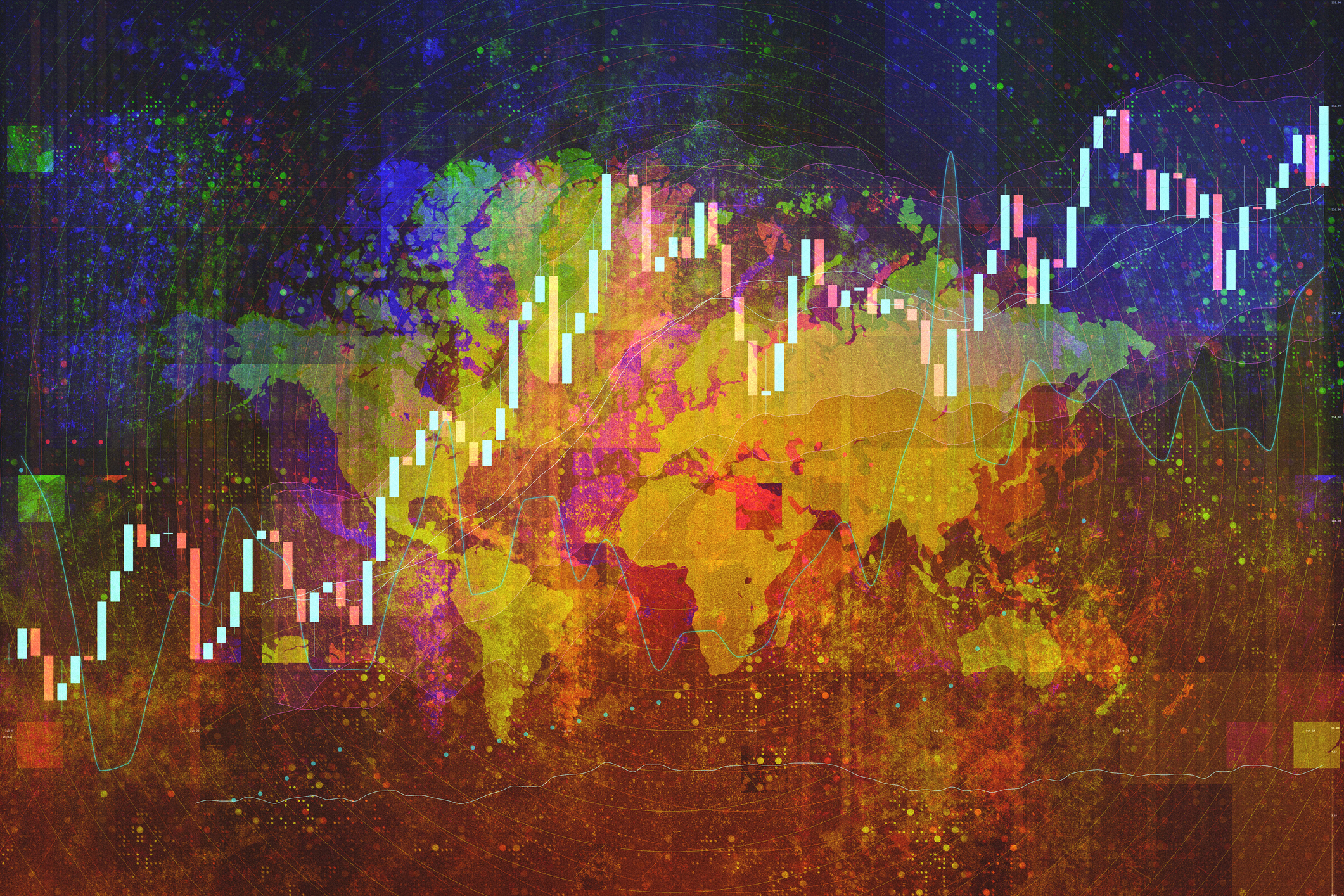 Global stock market with candlestick charts superimposed over a colorful, grunge-textured world map.