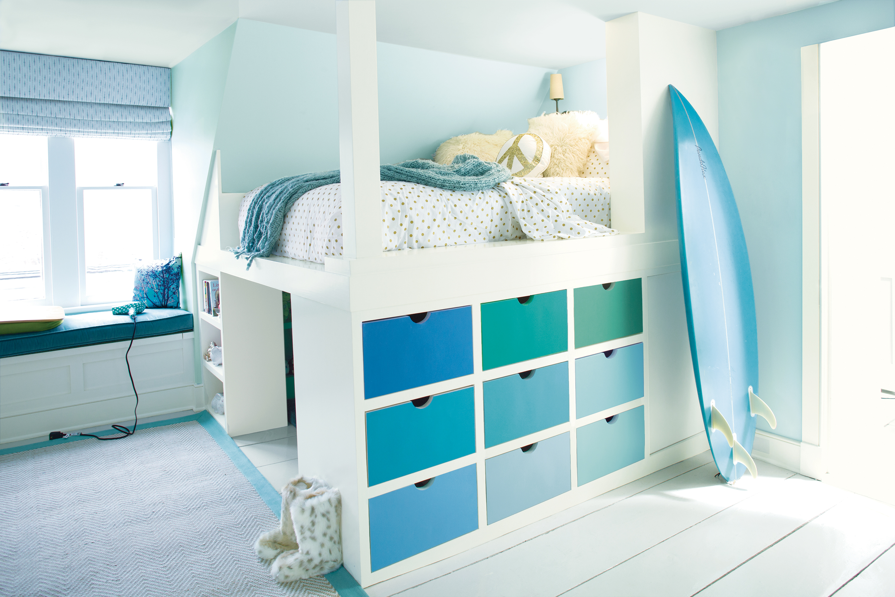 storage cabin bed with colourful drawers in a range of blues by Benjamin Moore