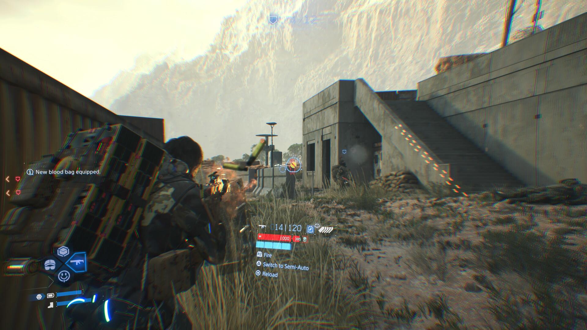 Sam shoots at enemies in a base in Death Stranding 2: On the Beach