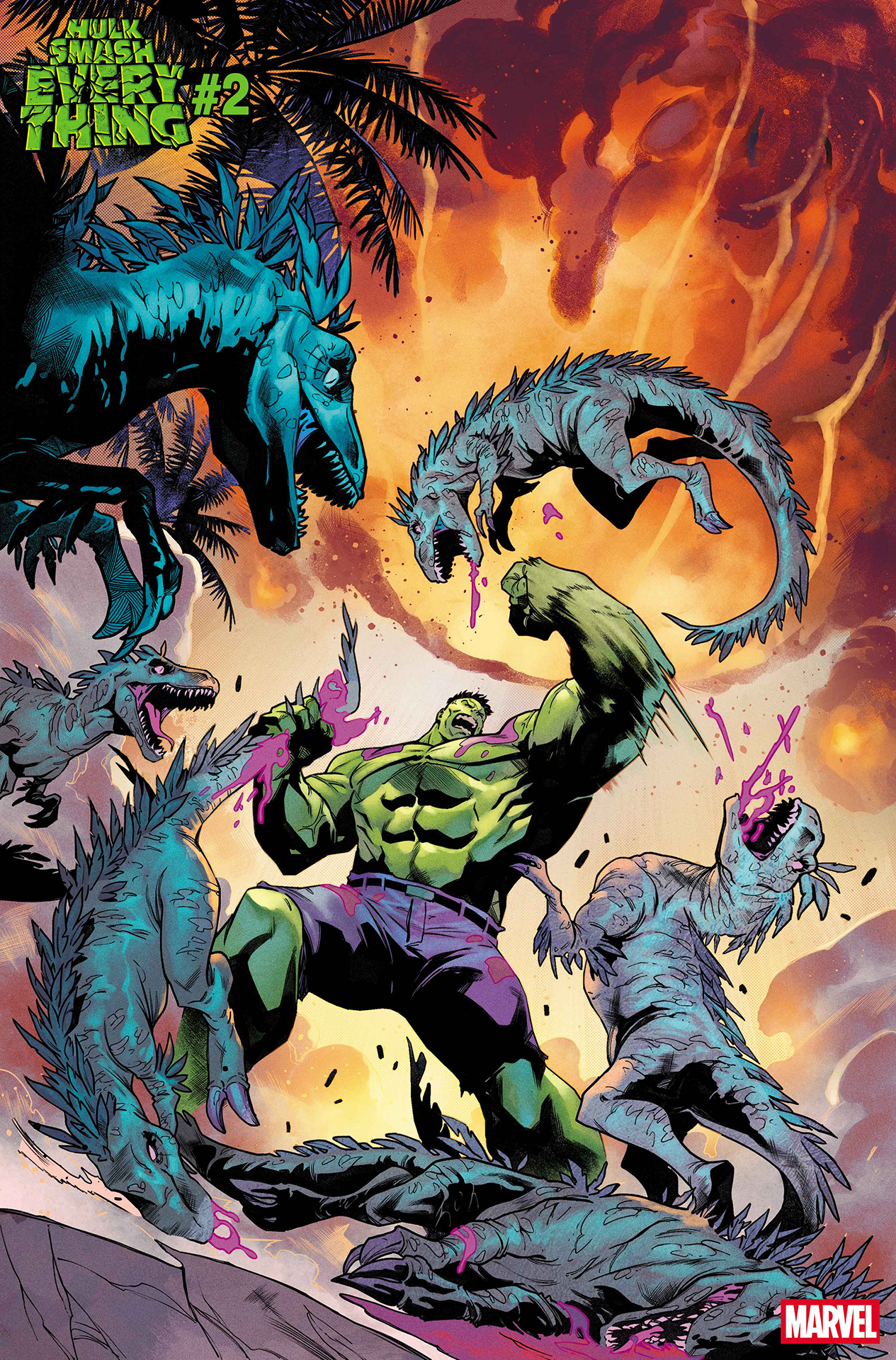 Hulk being swarmed by dinosaurs
