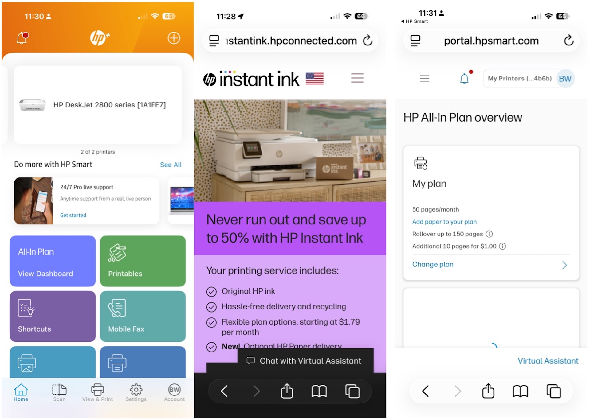 HP app that is showing Instant Ink.