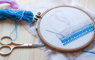 Openwork embroidery, incomplete work in progress and tools for embroidery