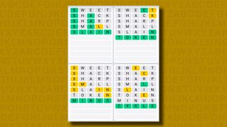 Quordle Daily Sequence answers for game 1132 on a yellow background