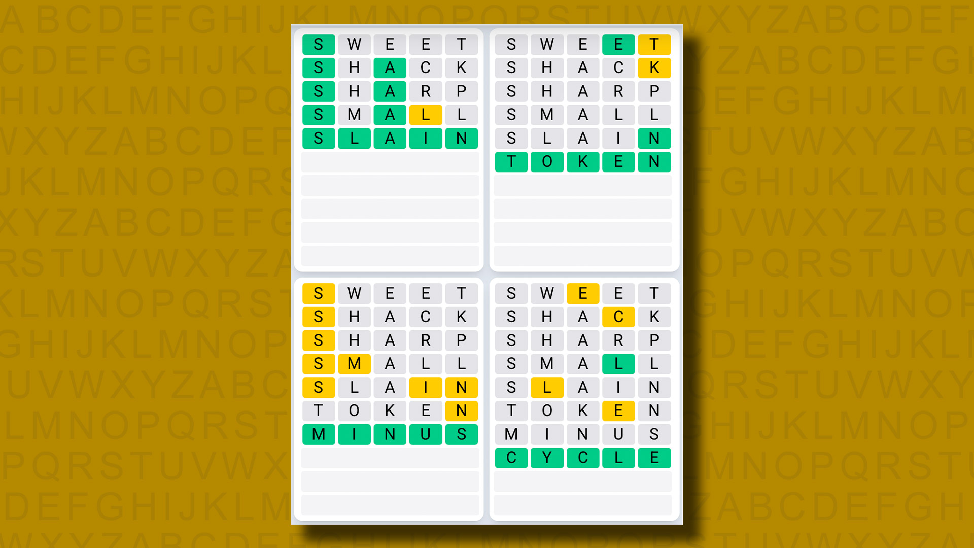 Quordle Daily Sequence answers for game 1132 on a yellow background