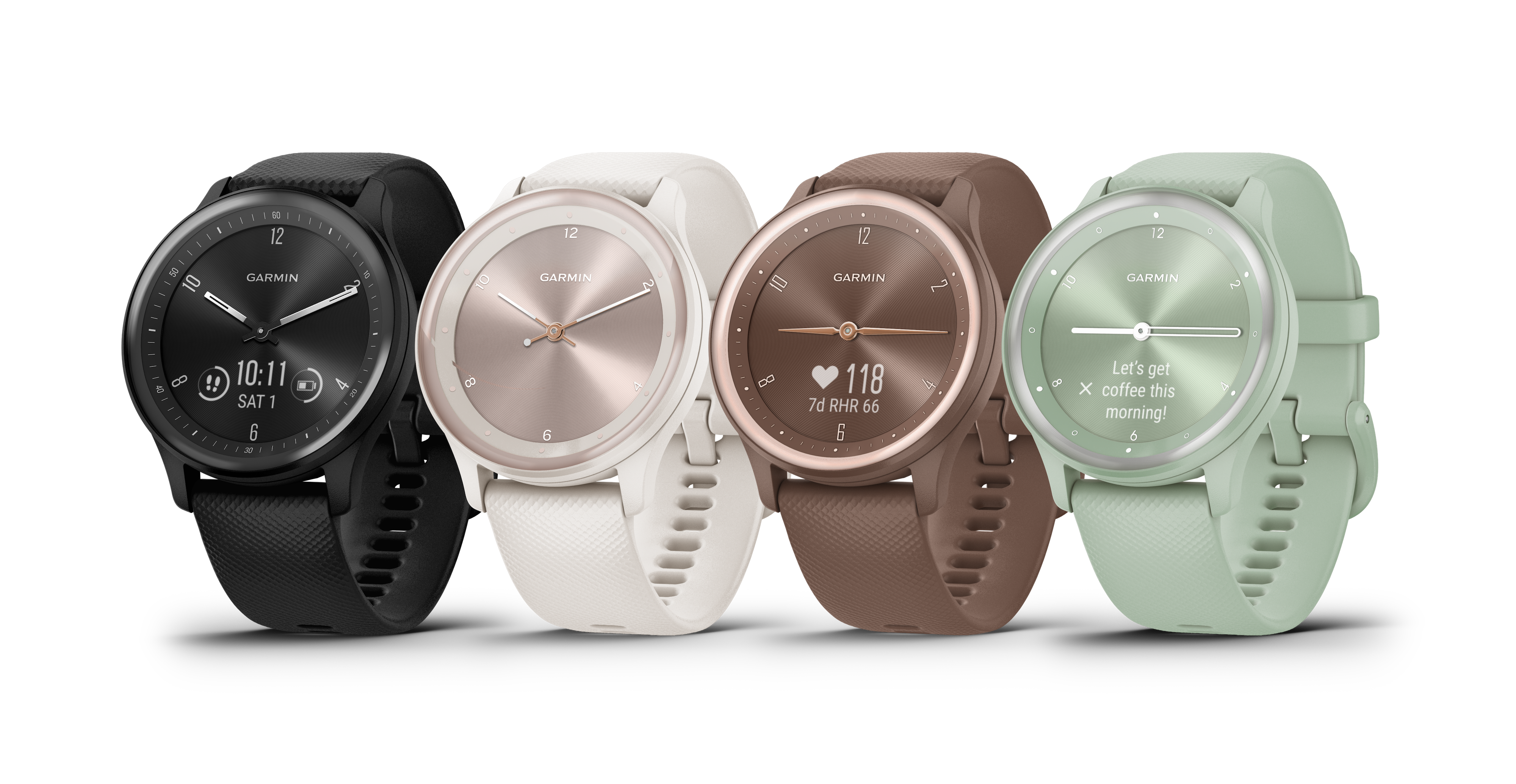 A press shot of the different colors of the Garmin Vivomove Sport