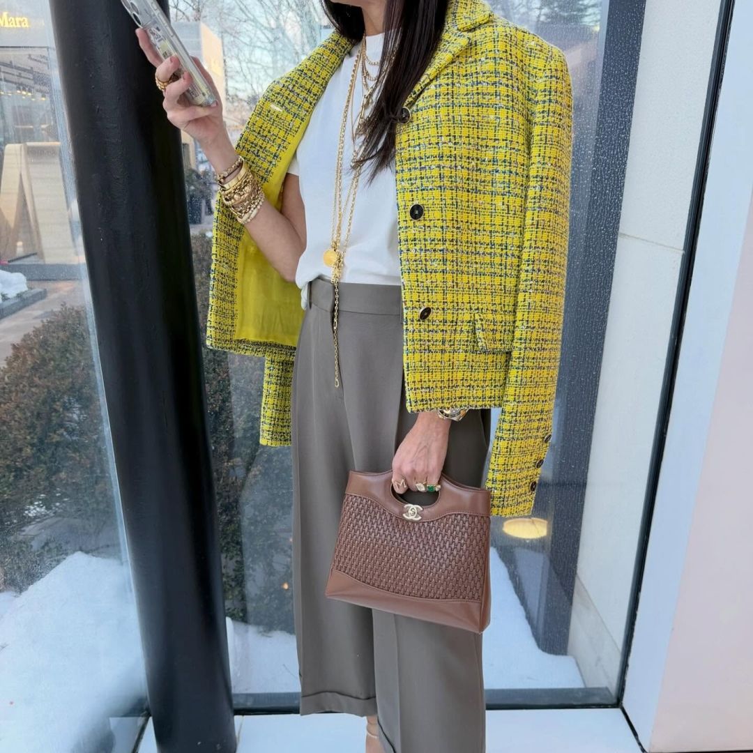 Marci Hirshleifer-Penn wearing a lime green jacket next to an image of Chanel bags