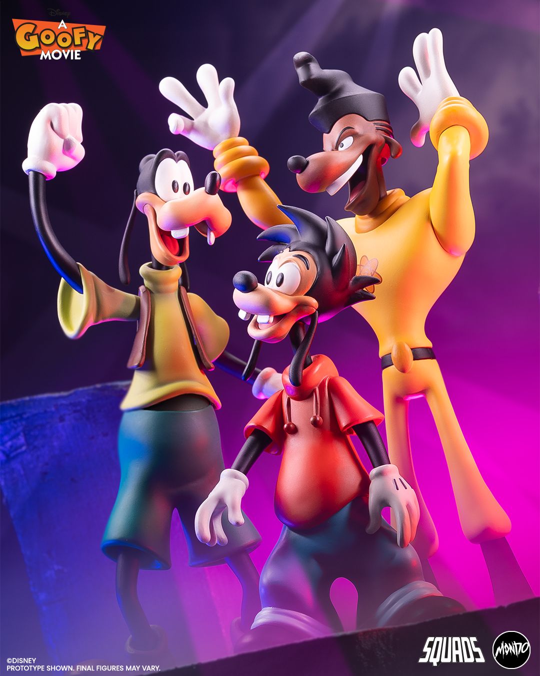 A Goofy Movie figures posing against themed backgrounds
