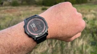 The Garmin Fenix 6 Pro Solar on wrist showing screen details