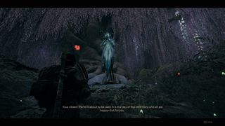 Conversation with a glowing blue fae creature in the middle of a forest