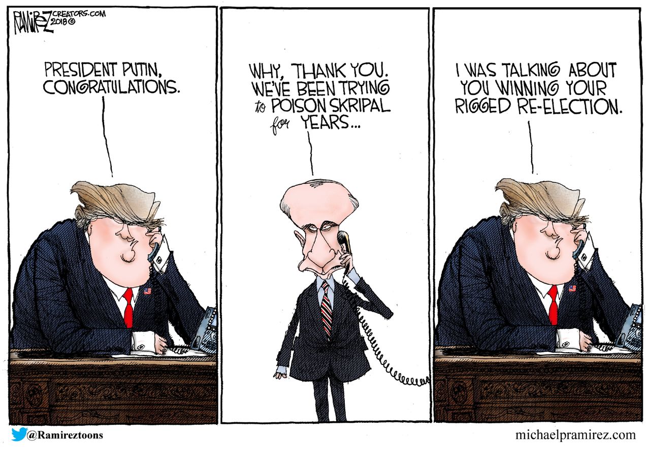 Political cartoon U.S. Trump congratulations Putin Russian elections Sergei Skripal poisoning