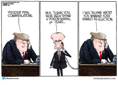 Political cartoon U.S. Trump congratulations Putin Russian elections Sergei Skripal poisoning