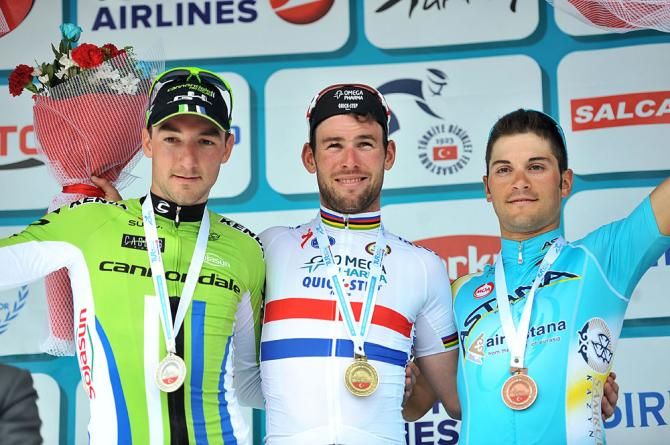 Mark Cavendish atop the final stage podium.