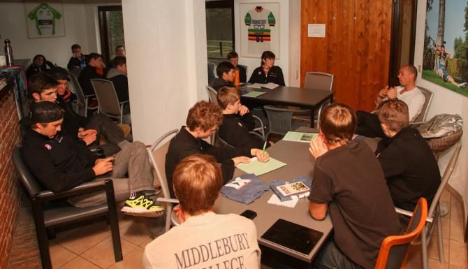 World Champion Sven Nys talks with the Euro 'Cross Camp crew just before Christmas.